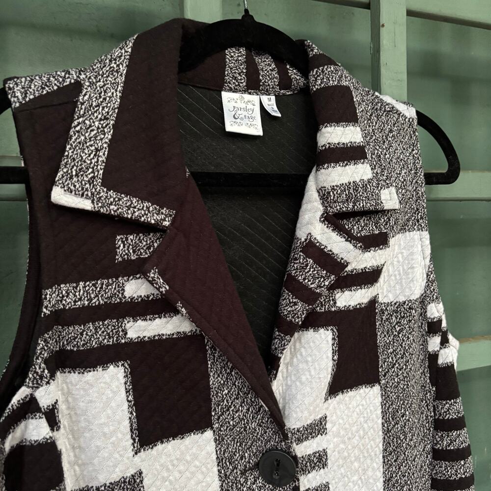 Parsley & Sage Artsy Geometric Patchwork Quilted Long Button Vest M Lagenlook - Picture 3 of 6